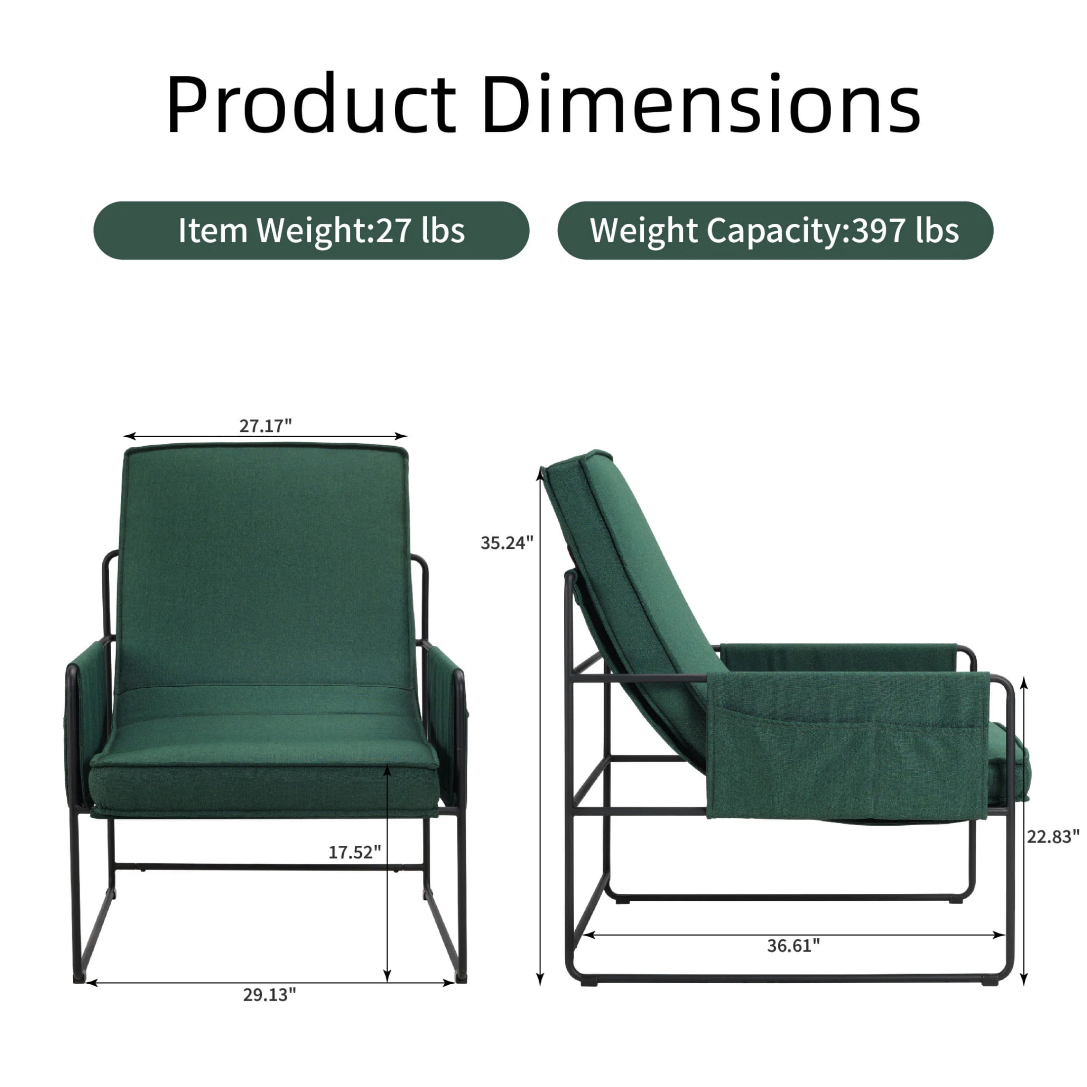 Vinform Sling Accent Chair, Modern Arm Chair with Removable Cushion, Metal Frame for Living Room, Green