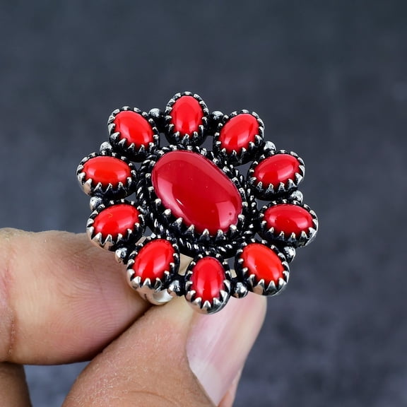 Natural Red Coral Gemstone 925 Sterling Silver Jewelry Ring Size 8.5