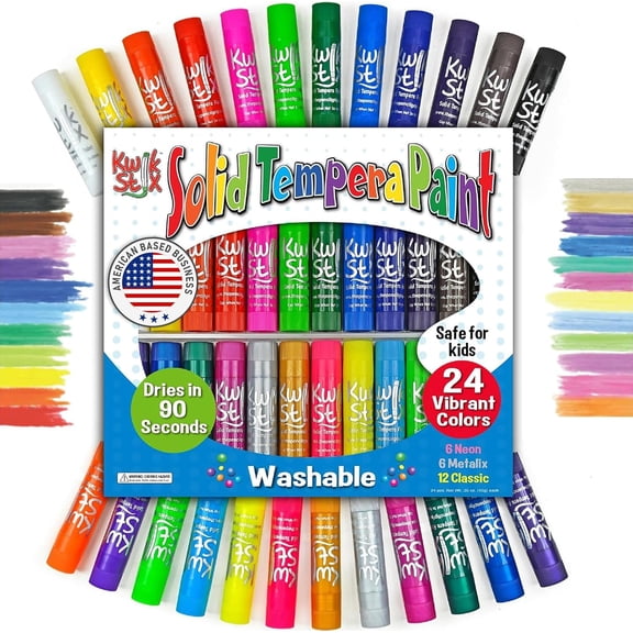 Kwik Stix Solid Tempera Paint Sticks, 24 Count, Washable, Quick-Drying, Non-Toxic, Classic, Neon & Metallic Colors
