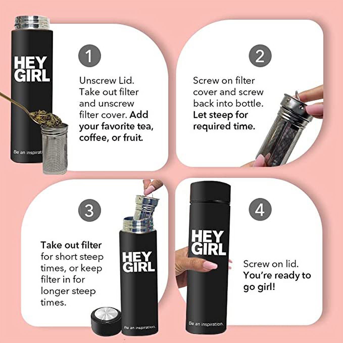 Hey Girl Tea Infuser Bottle 450ml - Insulated Stainless Steel Water Bottle (Black)