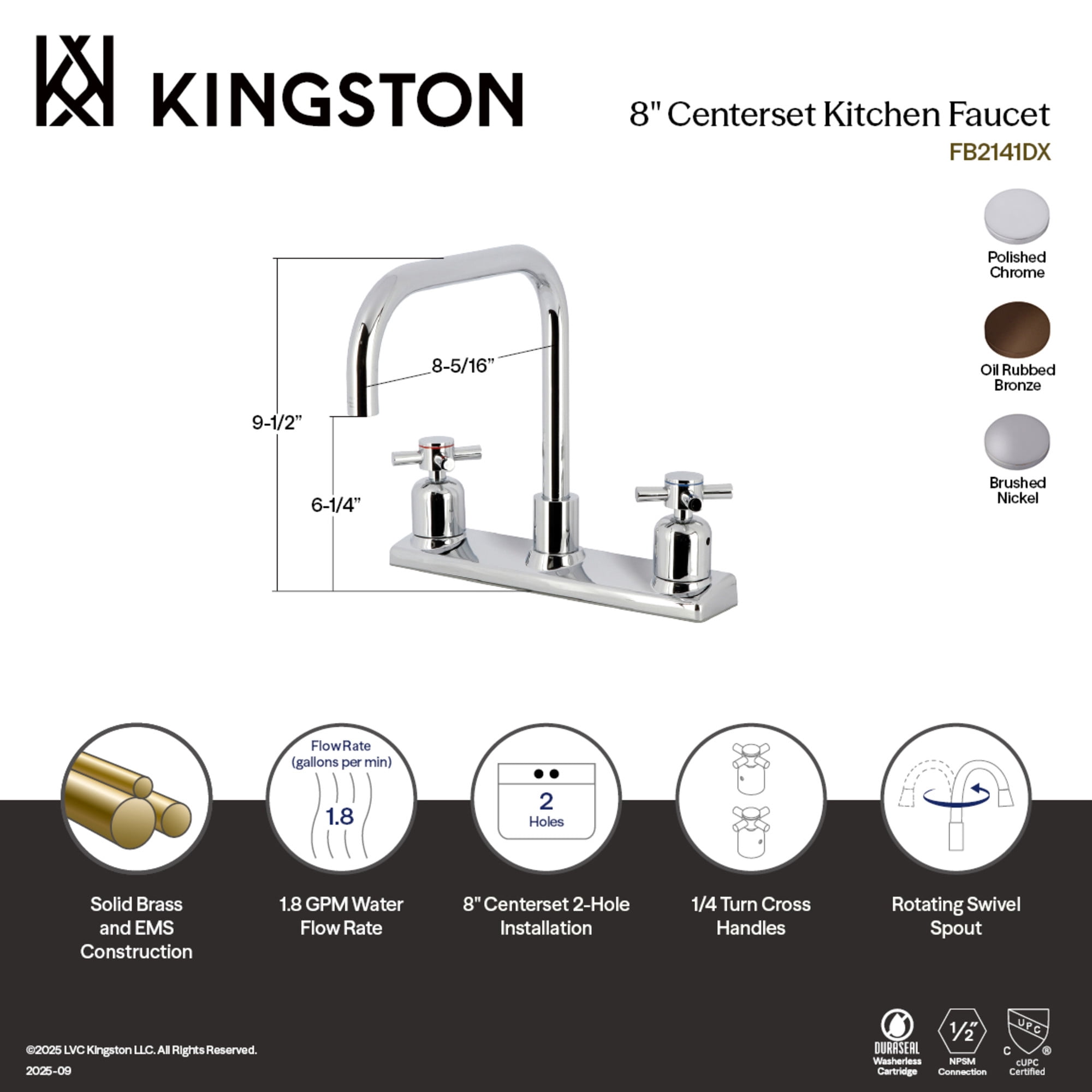 Kingston FB2148DX Concord Two-Handle 2-Hole 8" Centerset Kitchen Faucet in Brushed Nickel