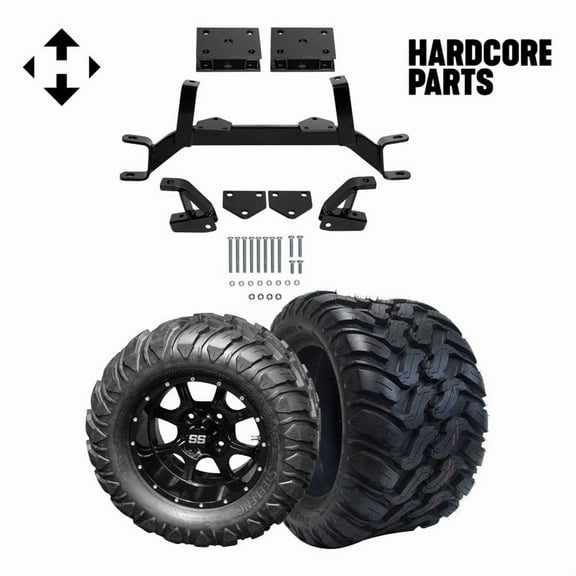 Hardcore Parts 4" Drop Axle Lift Kit for EZGO TXT/PDS (1994.5-2001.5) Gas Golf Cart with 12" Black 'Night Stalker' Wheels and 22"x11"-12"  DOT rated Mud-Terrain/All-Terrain tires