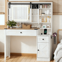 Zimtown Vanity Desk with Sliding Mirror,  Farmhouse Vanity Makeup Table with 2 Drawers & Power Outlet for Bedroom, White