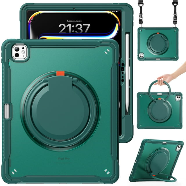 XYX pour iPad Pro 13 Pouces Case (2025 M5/2024 M4), Poignée Rotative à 360°, Sangle d'Épaule, Protection Robuste contre les Chutes, Vert