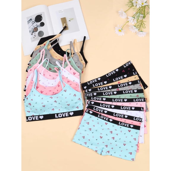 8 Sets Tween Girl Bra and Panty Underwear Cute Heart Print Soft Cotton Camisole with Remover Pads for 9-12Y Daily Wear