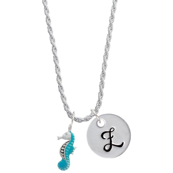 Delight Jewelry Silvertone Hot Blue Seahorse - Silvertone Script Initial Disc - Z - Charm Necklace, 20"+3"