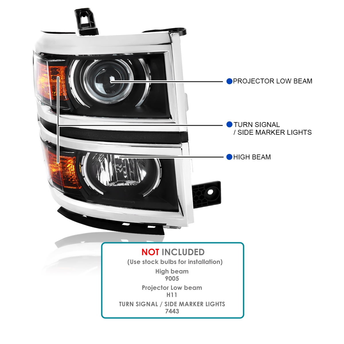 Spec-D Tuning Black Projector Headlights w/ Silver Trim Compatible with 2014-2015 Chevy Silverado 1500, Left + Right Pair Headlamps Assembly
