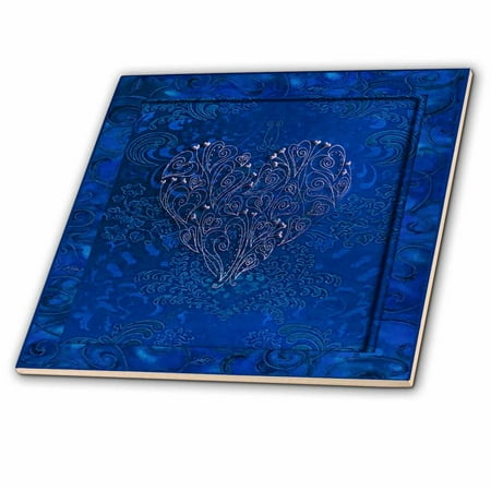 Blue Tile Design - 3dRose Silver Heart Design on Royal Blue - Ceramic Tile, 4-inch