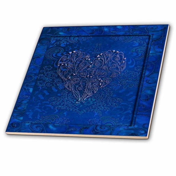 3dRose, Silver Heart Design on Royal Blue, 4 Inch Ceramic Tile