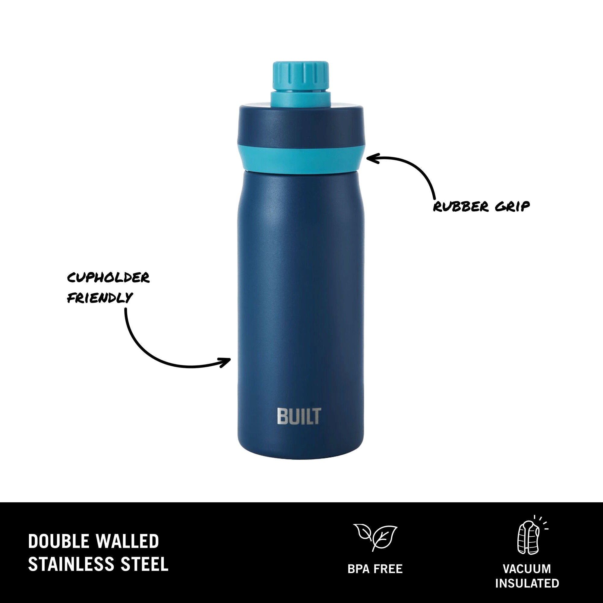 (3 pack) BUILT Cascade 16 oz Stainless Steel Kids Water Bottle with Leakproof Flip-Top Chug Lid, Dark Blue
