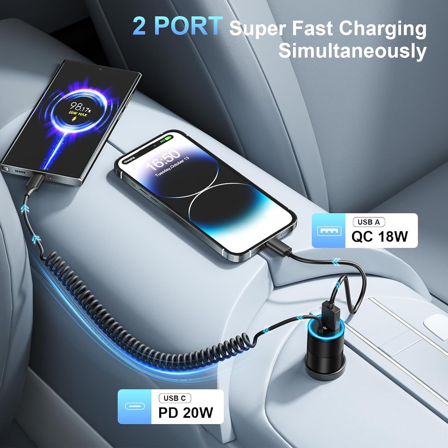 MHAWBL-3-Pack USB C Car Charger,38W Fast Charging Car Phone Charger+3.5FT Type C Coiled Cable,PD&QC 3.0 Car Charger Adapter Compatible with iPhone 16/15 Plus/Pro/Max,Galaxy S24 S23 Ultra,iPad,LG
