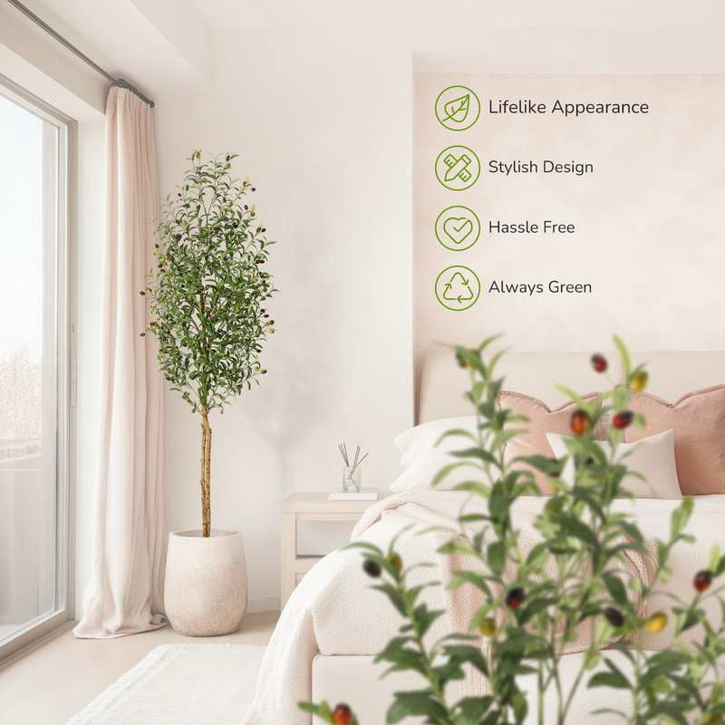 Eastvita 5FT/6FT/7FT Fake Olive Tree w/ Realistic Faux Silk Leaves, White Planter Pot, Natural Wood Trunk, & Green Moss - Great for Home, Office, Garden, & Living Room Decor, Indoor/Outdoor