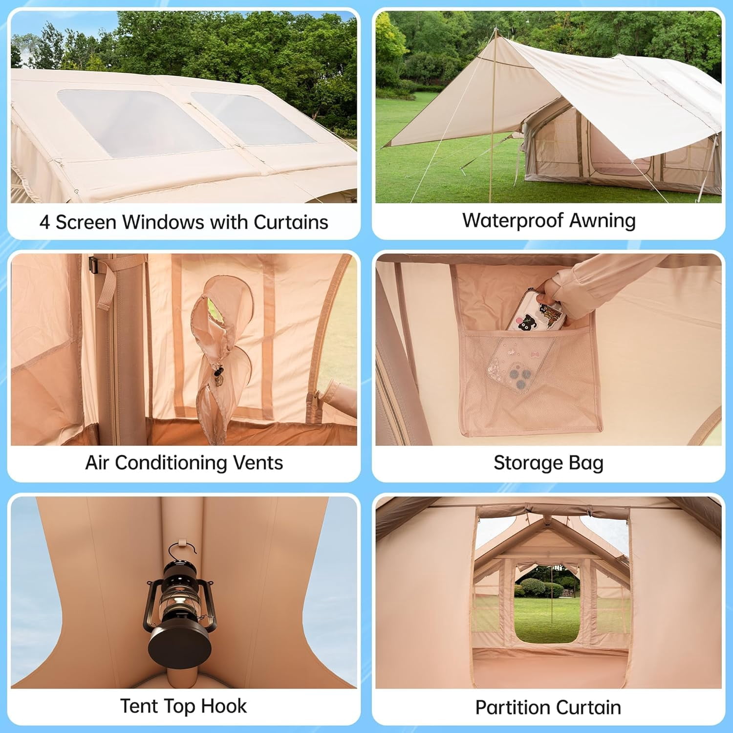 Kuublock Inflatable Camping Tent with Pump & 1/2 Awnings, 8-14 Person Air Tents for Camping Adult, Large Waterproof Oxford Family Glamping Tent, Quick Setup Big Tent for Outdoor Camping