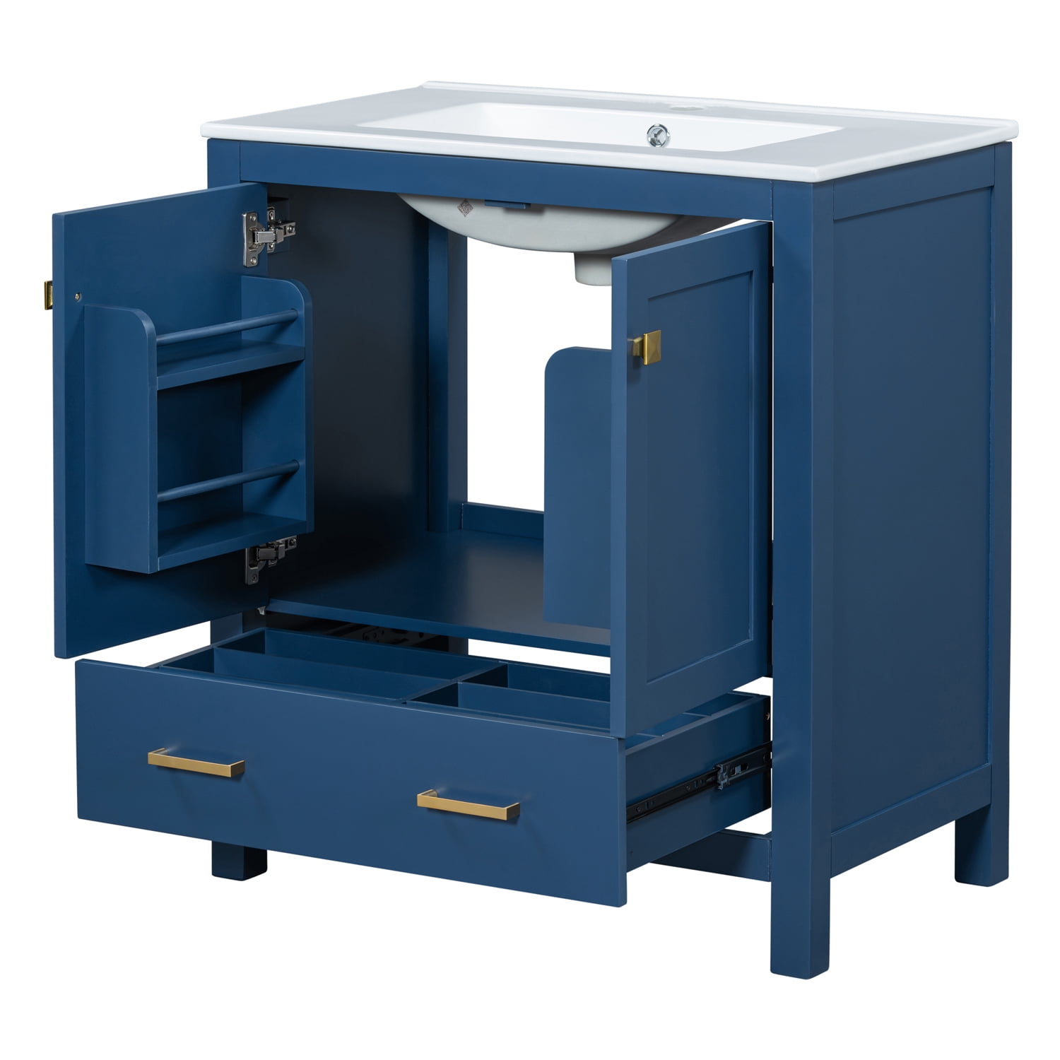 30" Bathroom Vanity with 1 Hole Ceramic Sink, Freestanding Single Basin Vanity Set with Drawer and 2 Doors, Solid Wood Frame, Dark Blue