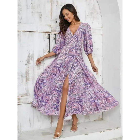 Elegant Floral Paisley Maxi Dress with Slit