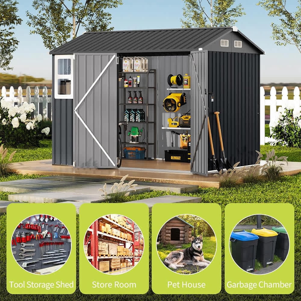 EastVita 8 x 6 ft Outdoor Metal Storage Shed with Windows and Lockable Doors Heavy-Duty Garden Tool Shed Dark Gray