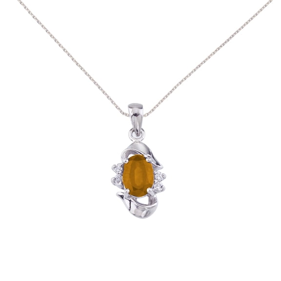 10k White Gold Oval Shaped Citrine & Diamond Pendant w/ 18" Chain