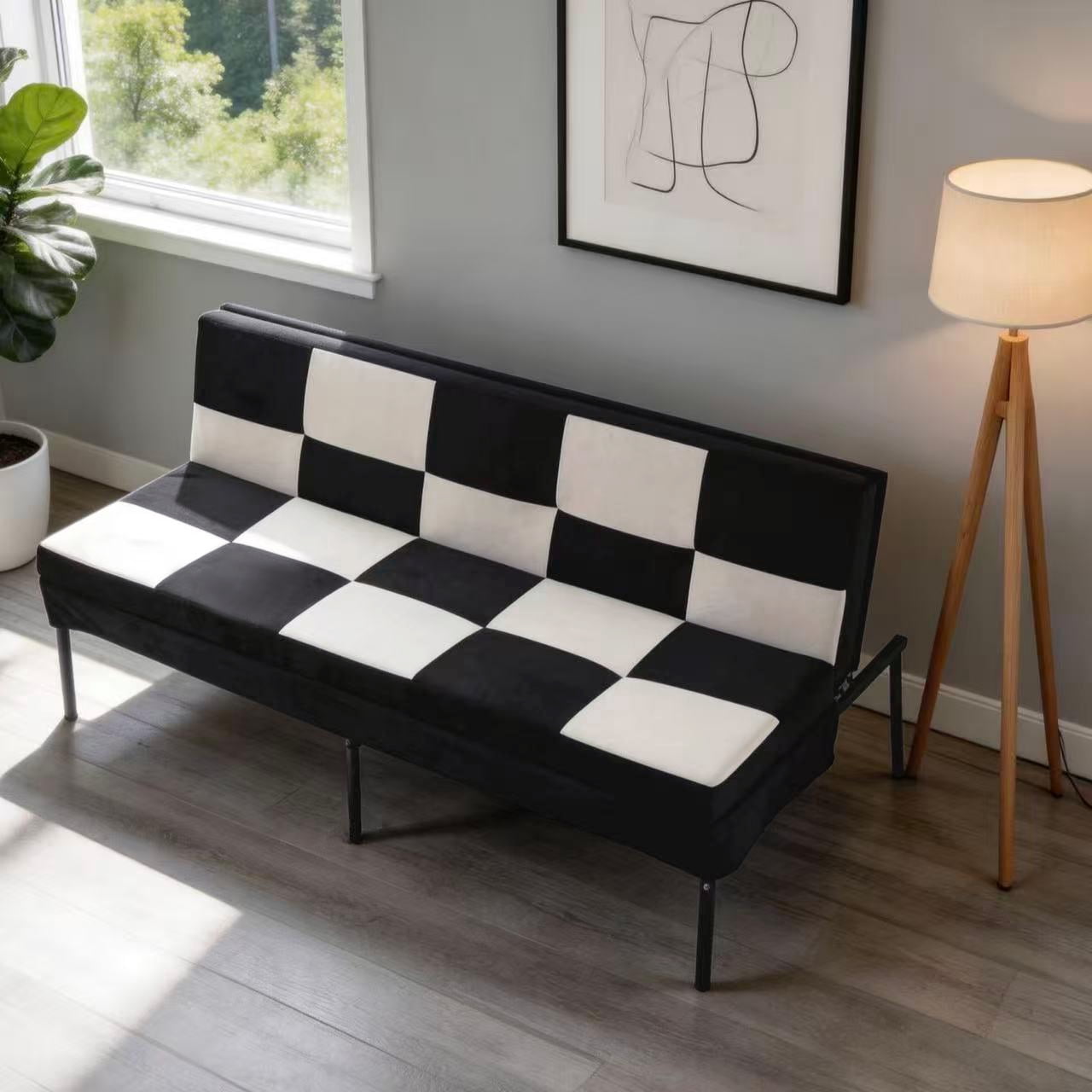 BSHTI 63.39" Velvet Convertible Futon Sofa Bed with 5-Position Adjustable Backrest , Twin Size Couch Sleeper Sofa for Living Room, Bedroom, Dormitory Black&White