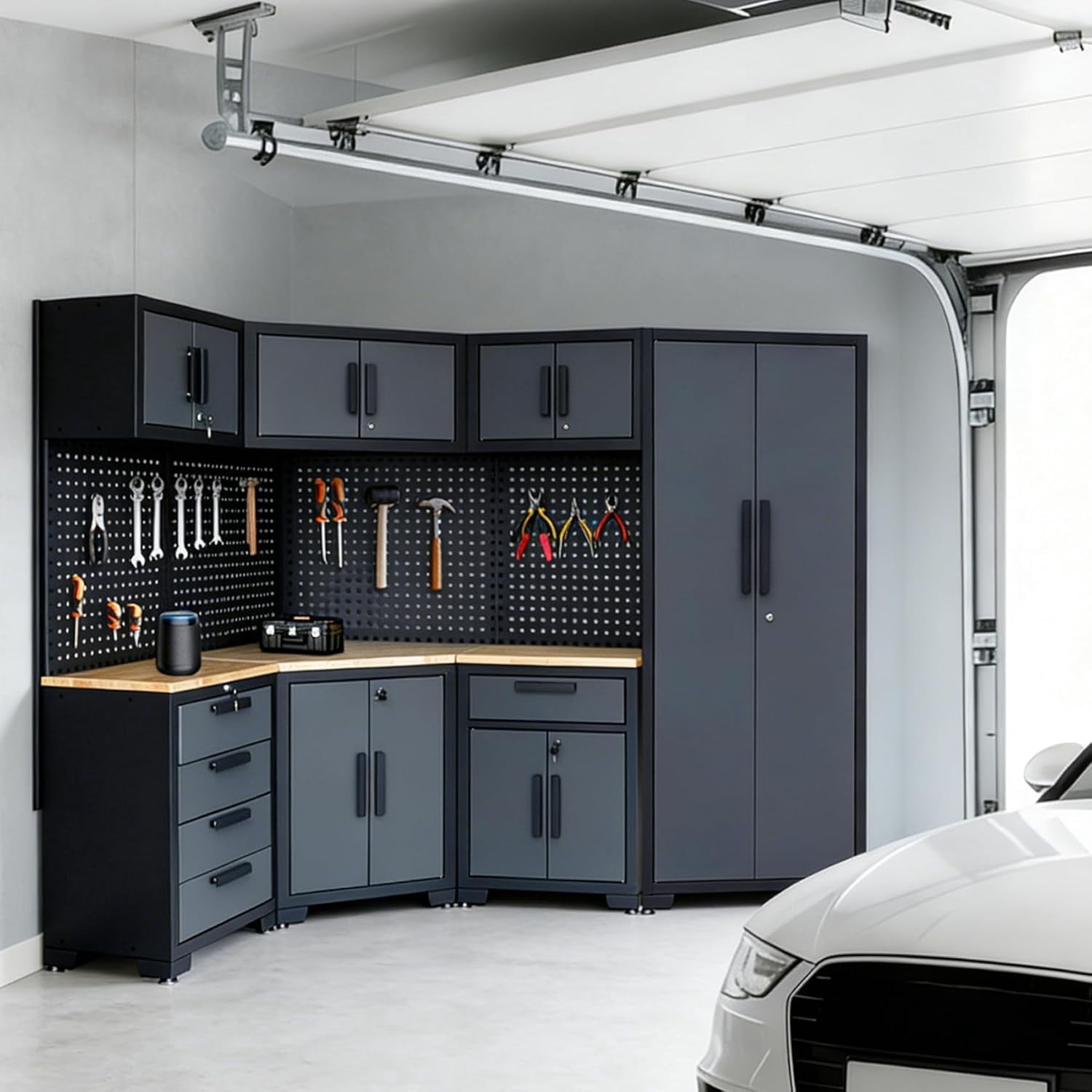 16PCS Garage Storage Cabinet System - Heavy Duty Workshop Set w/Corner Cabinet Includes Workbench, Pegboard & Lockable Drawers | Metal Tool Organization System for Garage/Workshop