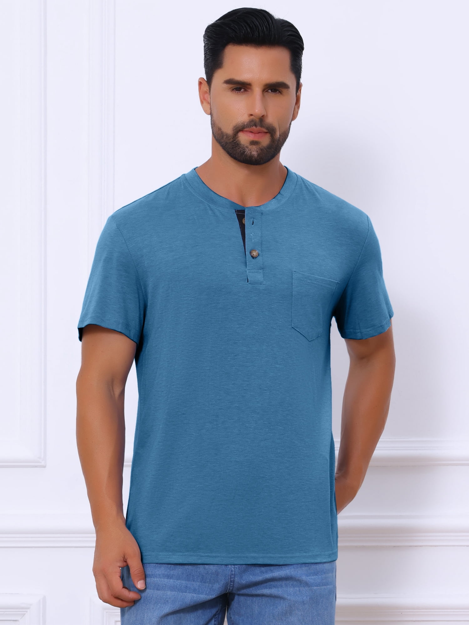 DARING DIVA Men's Casual Summer Short Sleeves Button Henley Basic Tee M Dark Blue
