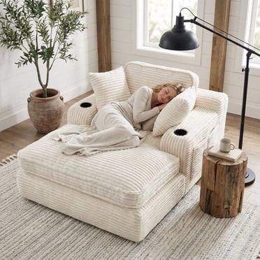 EOP 67'' Oversized Chaise Lounge Chair Indoor, Plush Boneless Cloud Couch with Side Pockets & Cup Holders, Comfy Corduroy Sleeper Couch with Removable Pillows for Living Room, Beige