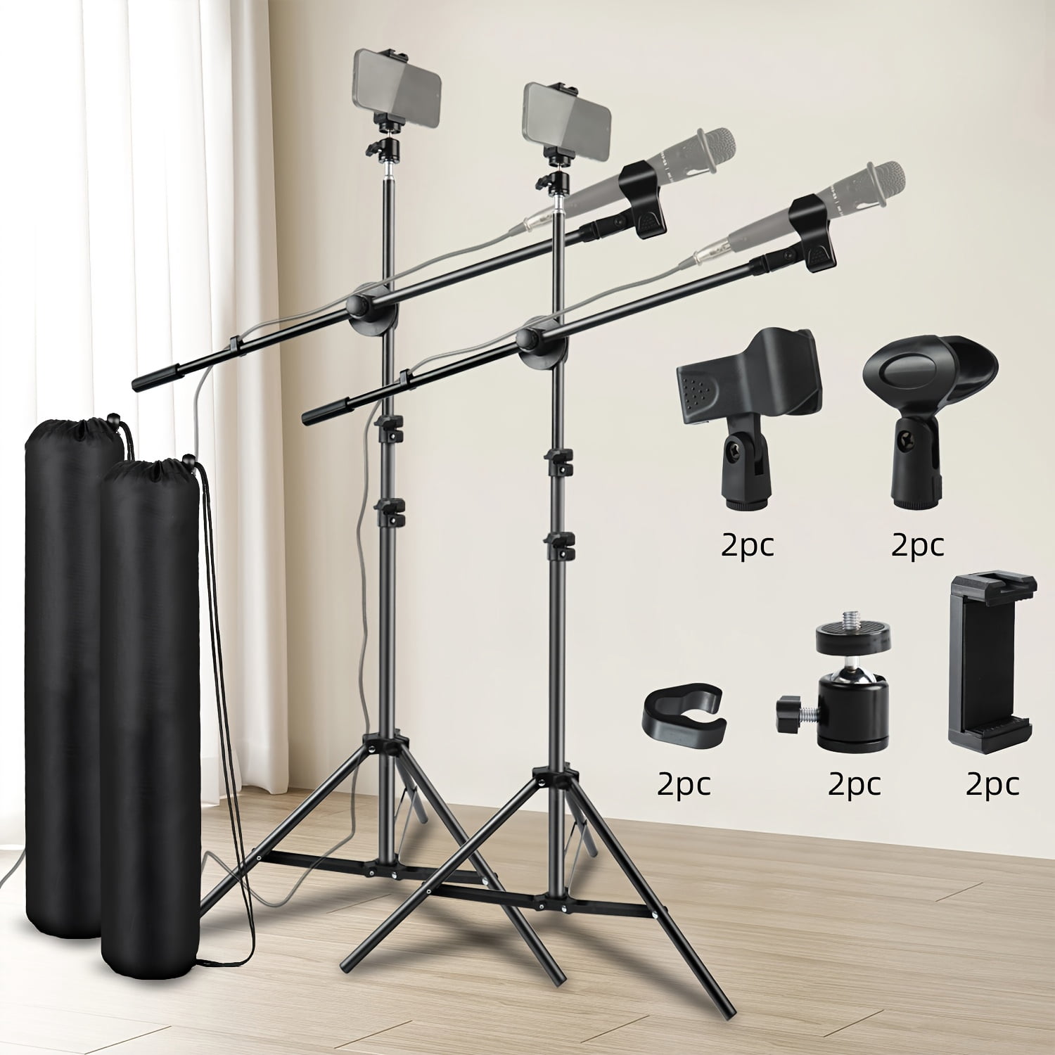 Adjustable Tripod Mic Stand with Boom Arm, Dual Mic Clips & Phone Holder for Live Performances, Stage, Studio, Christmas Gifts