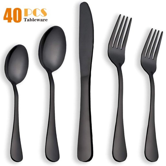 Black Flatware Set, Moxinox 40-Piece Silverware Set for 8, 18/0 Stainless Steel Cutlery Utensils Set, Include Dinner Knives,Dinner Forks,Dinner Spoons,Salad Forks,Teaspoons,Dishwasher Safe