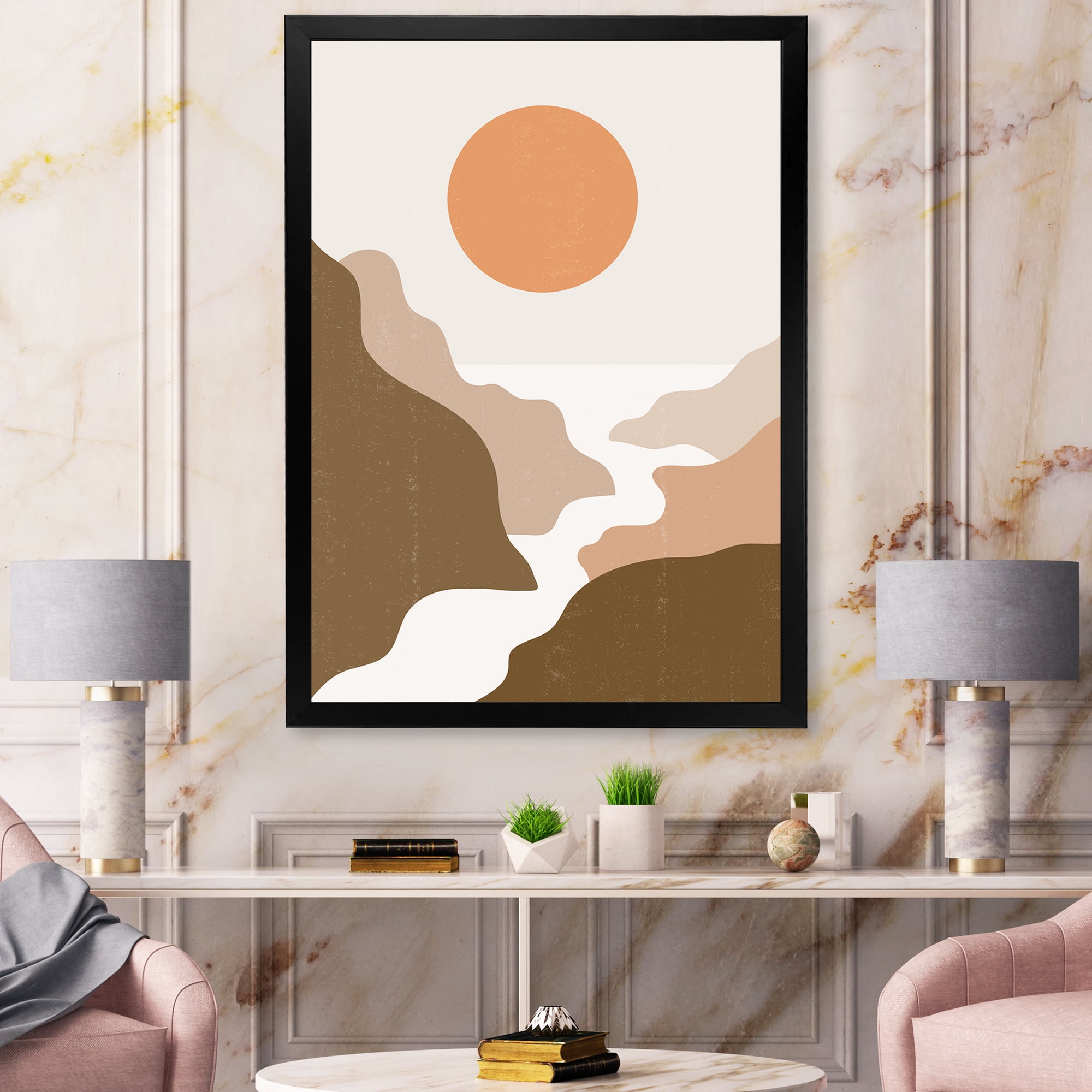 Designart 'Full Moon In Terracotta Tones Mountains' Modern Framed Art Print