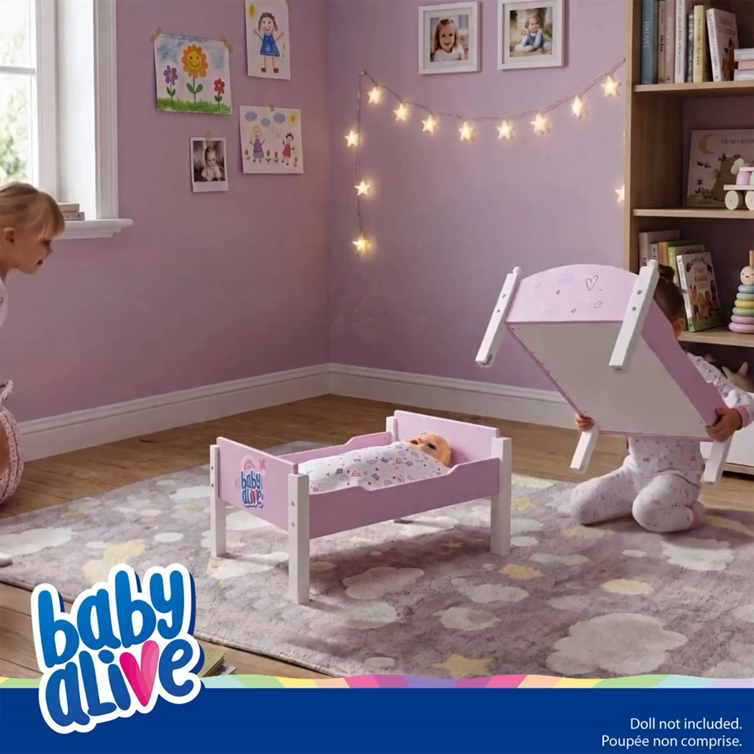 509 Crew: Baby Alive - Wooden Doll Bunk Bed - Pink-White-Purple, Convertible to Single Beds, Blankets & Pillows, Doll Sleep Accessory Toy, Kids 3+