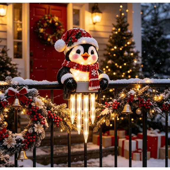Winter Glow Christmas Penguin Icicle Light Decor, Christmas Snowman Porch Decoration with Glowing Icicle Lights, Festive Outdoor Winter Accent for Entrance, Railing and Home,Christmas Decorations