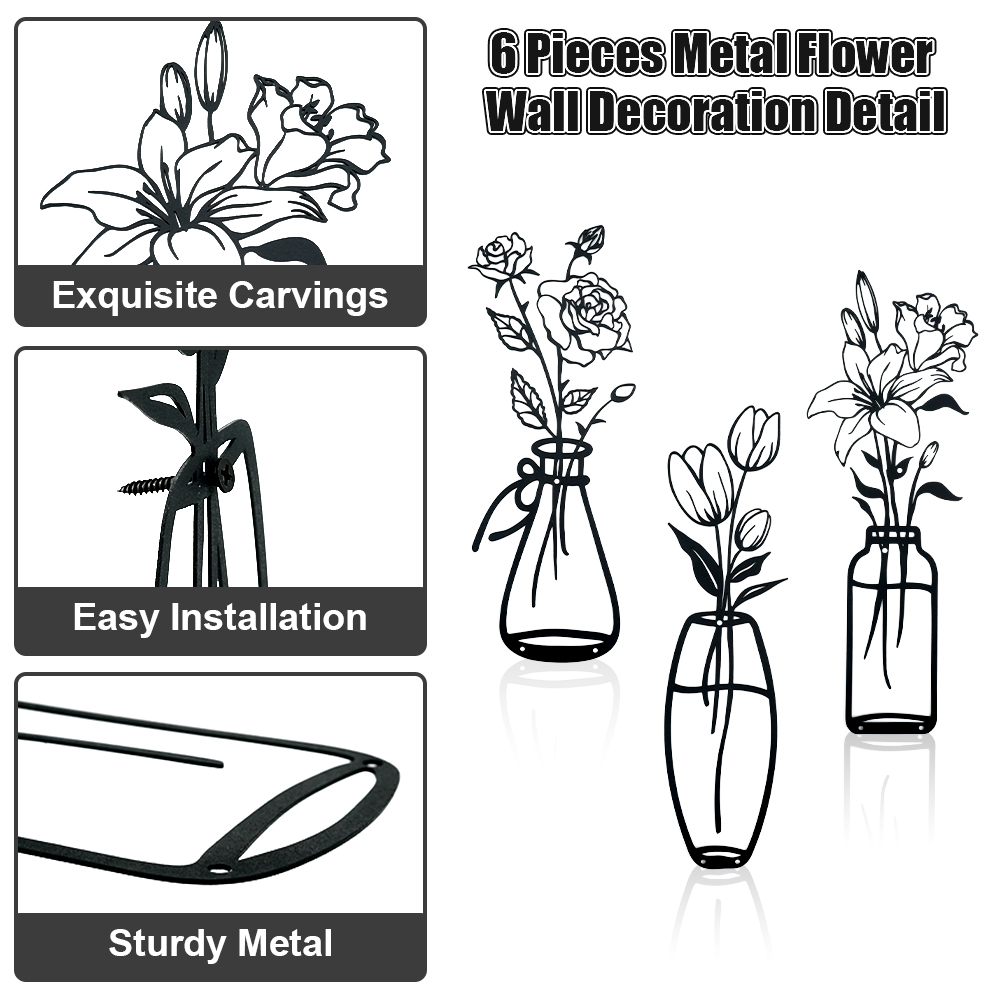 RETON 6 Pieces Black Metal Flowers Wall Decor Meta Vase Wall Art Wall Sculptures Hanging Minimalist  Natural Themed for Kitchen Bathroom Bedroom Living Room Indoor
