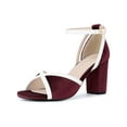 thumbnail image 5 of BLISSFUL STEP Velvet Colorblock Ankle Strap Chunky Heel Sandals for Women Burgundy 6, 5 of 8