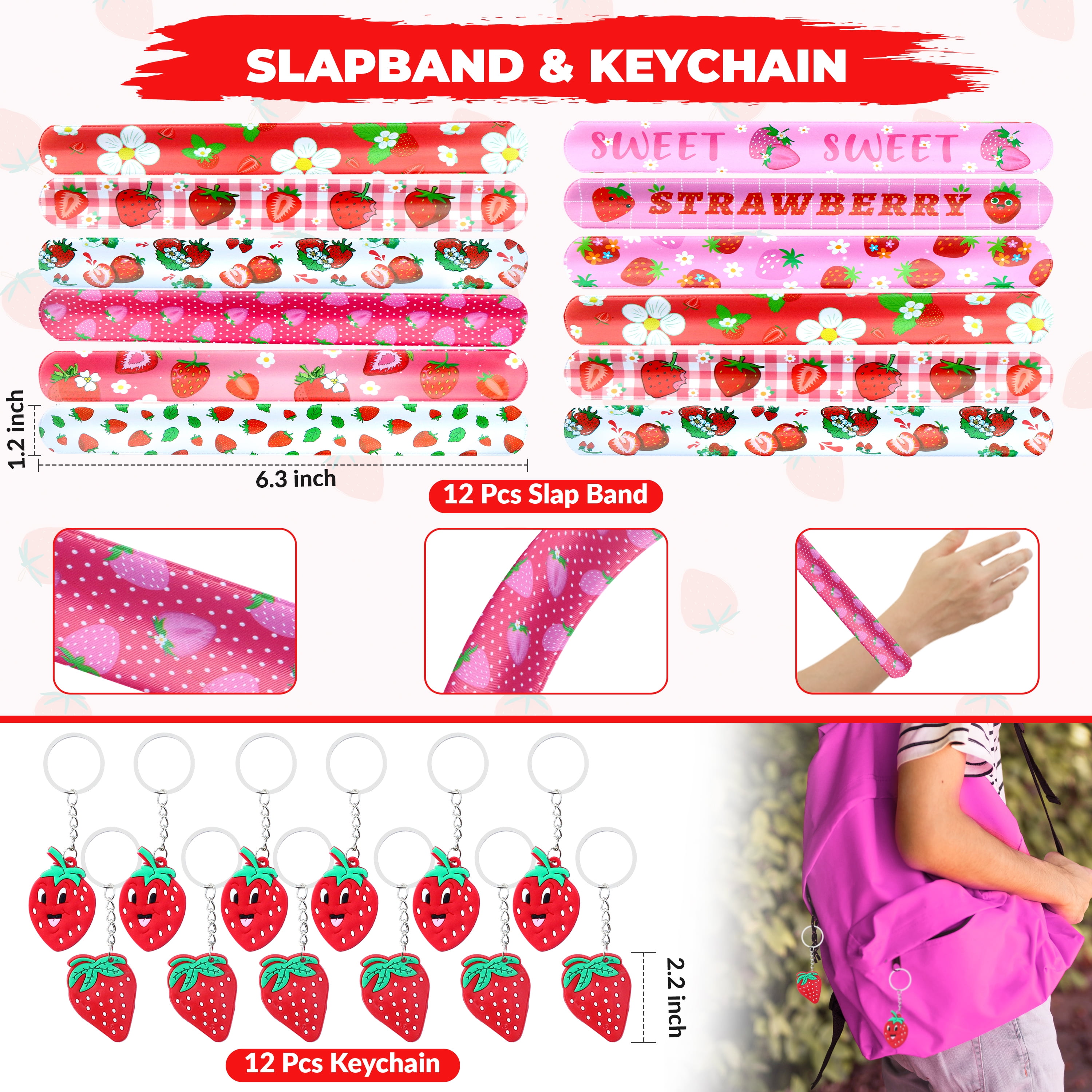 Strawberry Party Favor 84 PCS Sweet Berry Slap Treat Box Bracelets DIY Stickers Stampers Keychain Paper Straws Gift Rewards for Kids Girls Birthday Supply