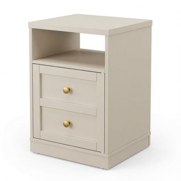 Set of 2, 15.7” Width Beige Wood Nightstand with Door & Shelf, Faux 2-Drawer Modern Side Table