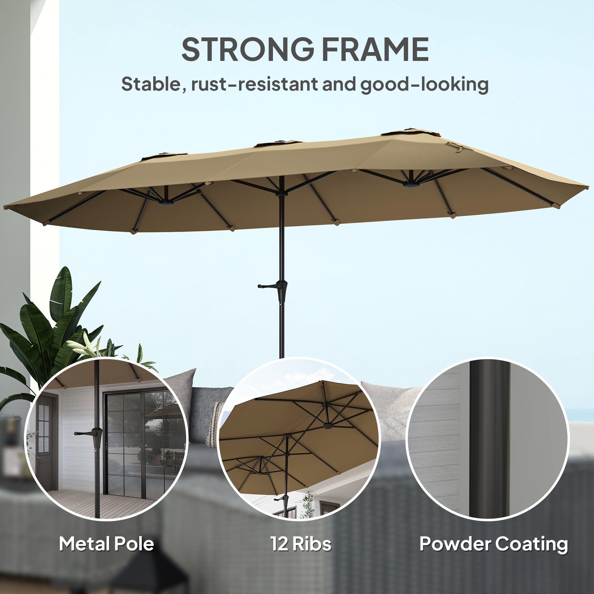 Outsunny 13 ft. Extra Large Patio Umbrella, UPF30+ Double Umbrella Outdoor Patio with Easy Crank Handle, Vents, Coffee