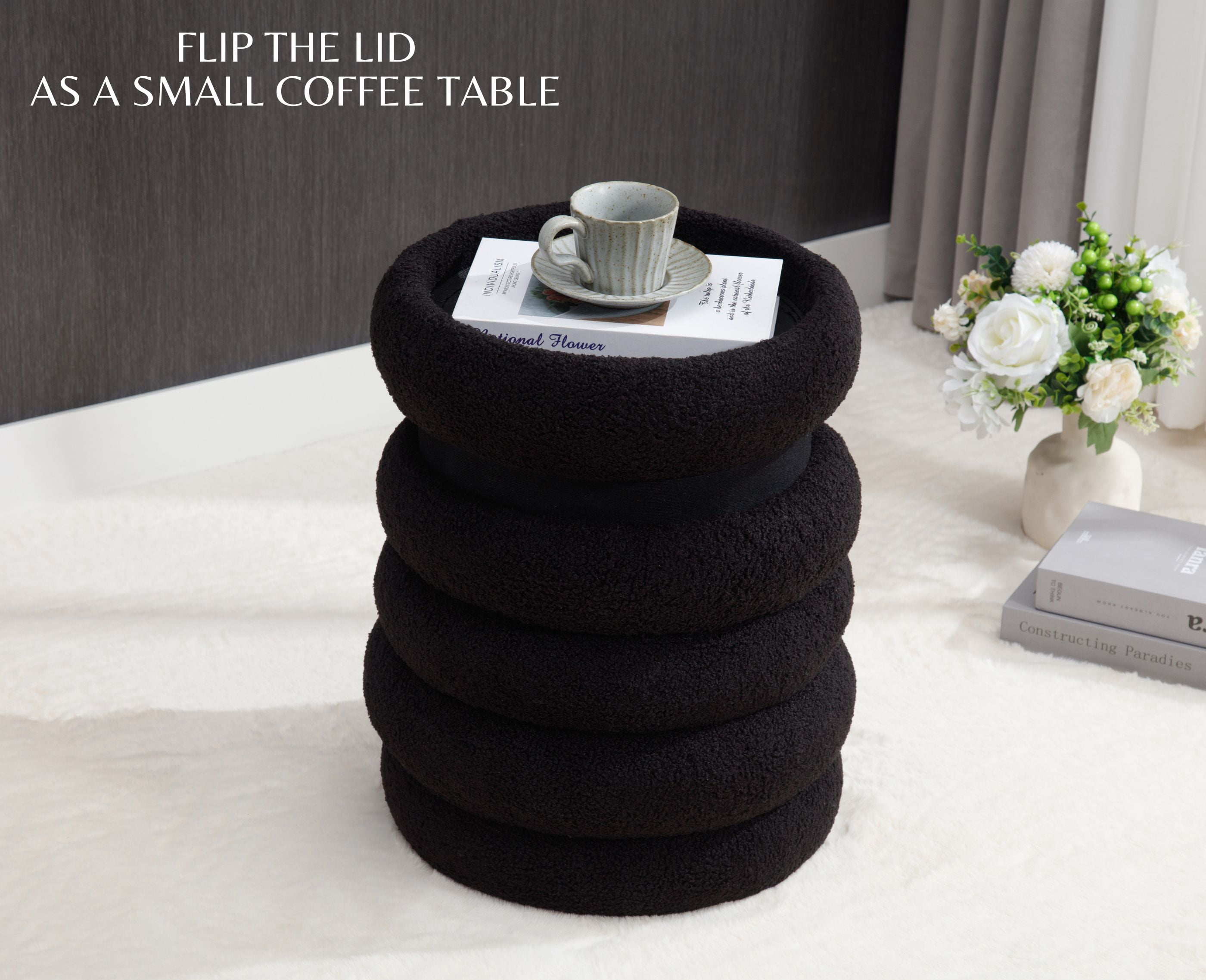 Guyou Round Storage Ottoman, Upholstered Sherpa Footstool, Small Boucle Vanity Stool, Round Side Coffee Table Padded Seat for Living Room Bedroom Aisle Bedside, Black