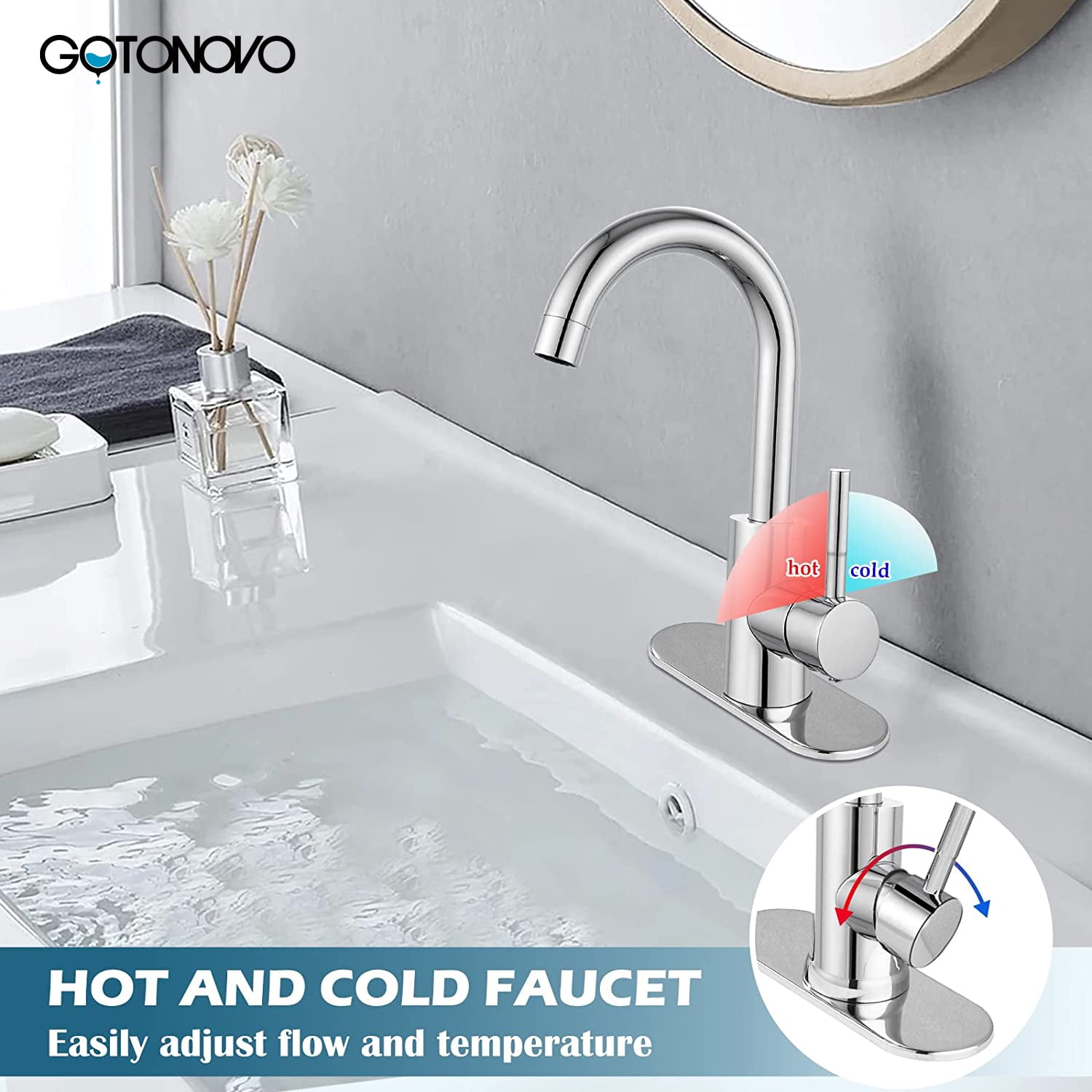 gotonovo Polish Chrome Single Handle Bathroom Sink Faucet, Wet Bar Pre-Kitchen Farmhouse RV Small Vanity Faucet with 360°Rotation Spout with Deck Plate, Supply Hoses and Drain Stopper