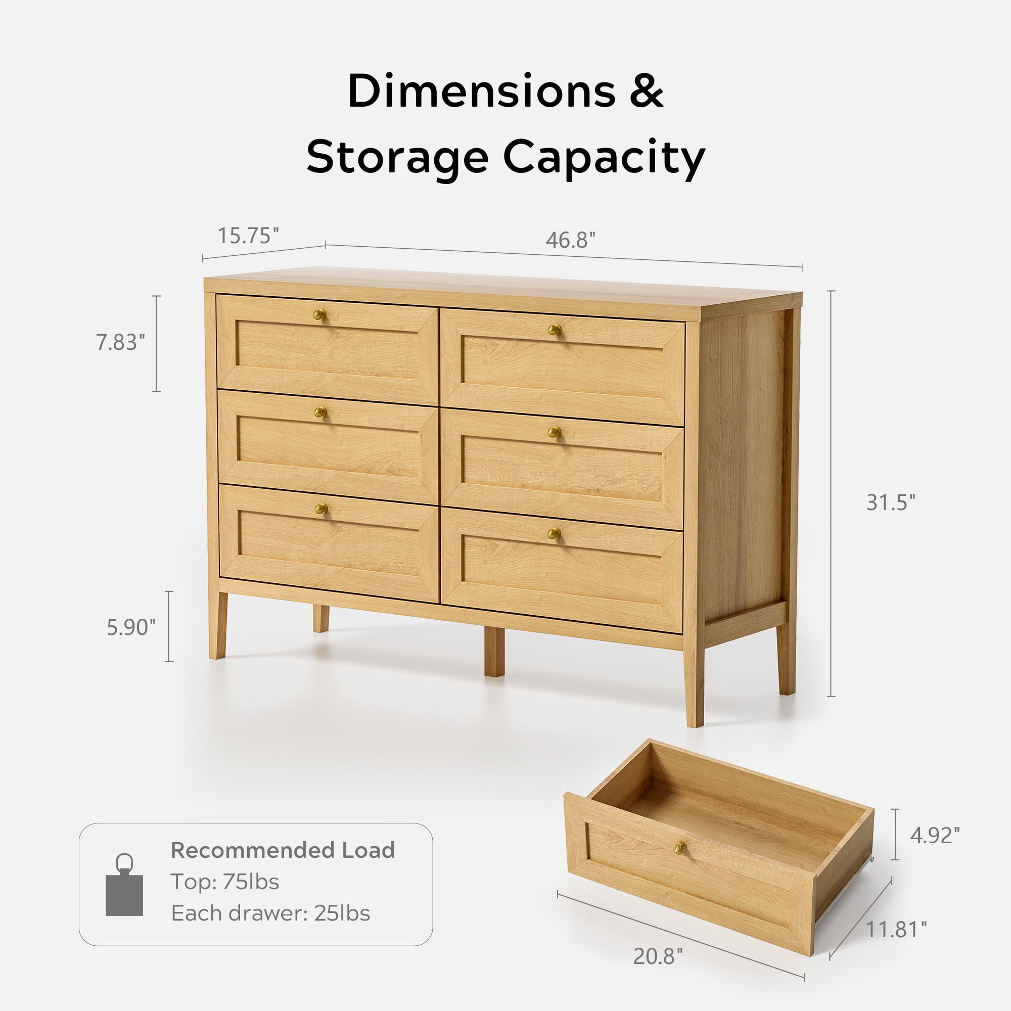 EYYTHUNG Modern 6-Drawer Storage Dresser for Bedroom, Chest of Drawers with Golden Handles, Cabinet Side Table, Natural Oak