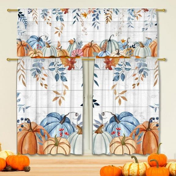 Fall Kitchen Curtains for Windows, Fall Decorations Wooden Pumpkin Valances, Autumn Curtains and Valances Set Leaves Decor for Cafe Living Room Tier Set Thanksgiving