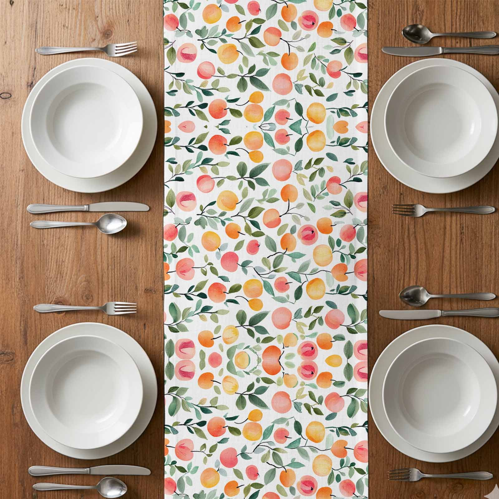 Pink Peach Cotton Linen Table Runner Country Style Spring Fruit Green Leaf Dining Table Runners for Home Decor Party Dining Room Restaurant Kitchen 13" x 90"