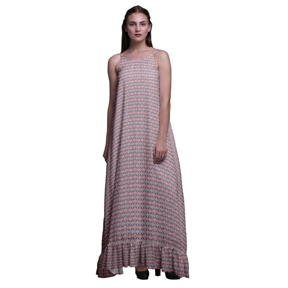 Bimba Light Pink Salmon Feather Artistic Printed Long Maxi Dress For Women Rayon Nightgown Spaghetti Strap Ladies Sleepwear X-Large