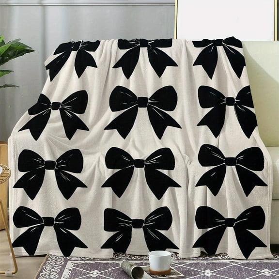 [Bow-Print Flannel Throw] Soft & Warm Bow-Print Flannel Throw Blanket - Cozy for Couch, Bed, Car, Office, Camping - All-Season Gift Idea