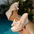 thumbnail image 4 of Womens Wedge Sandals Suede Bowtie Peep Toe Slip on Platform Heels Casual Nonslip Arch Support Summer Mules Slides Beige Size 6.5, 4 of 7