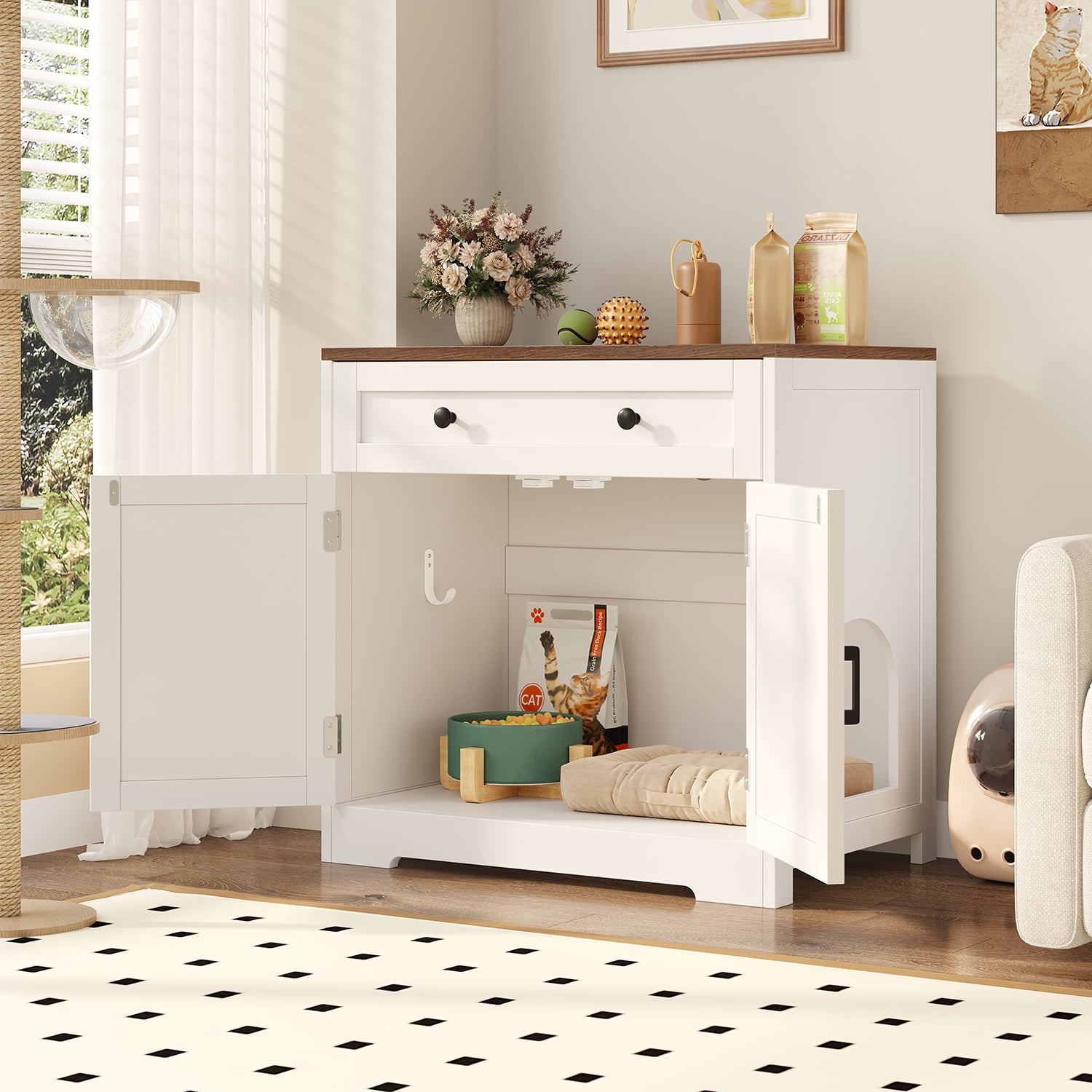 Cat Litter Box Enclosure with Storage Drawers, White Hidden Litter Box Furniture | Modern Farmhouse Style Indoor Cat House | Multi-Functional Side Table, Cabinet or Nightstand for Home
