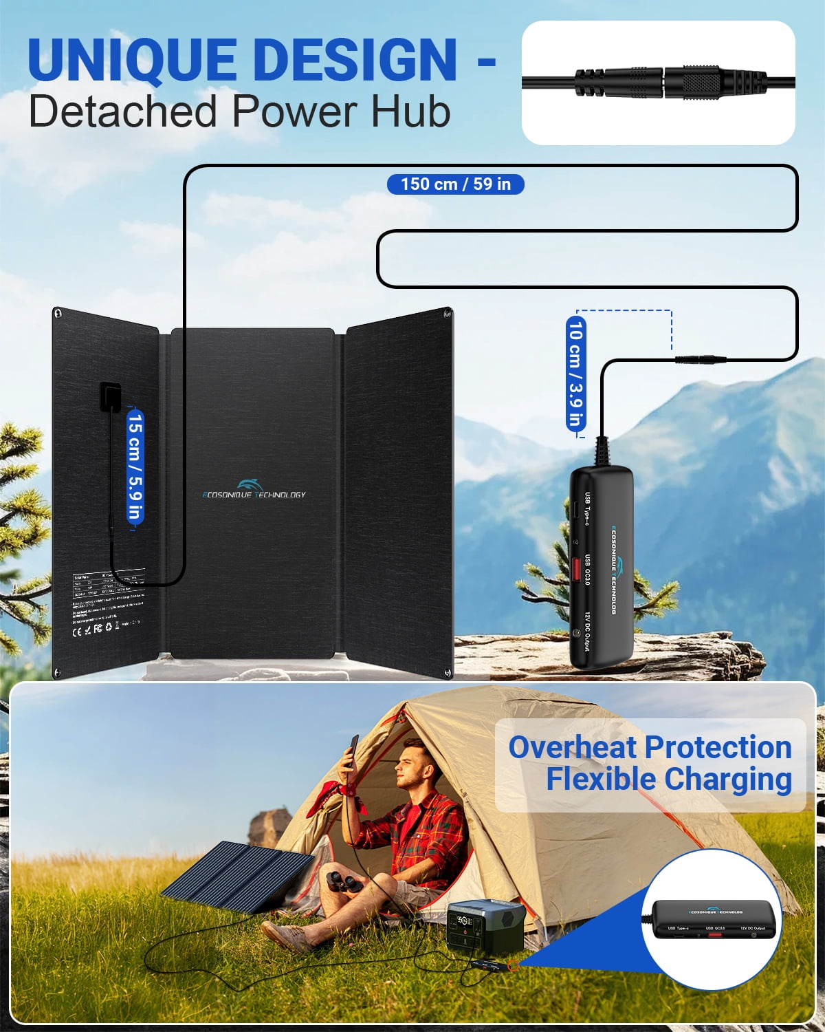30W Portable Solar Panel with Detachable Power Hub, 19V DC/USB-A QC 3.0/ USB C PD 24W ETFE Waterproof Foldable Solar Panel Charger Compatible with Cell Phone, Tablet, Camera, Power Station