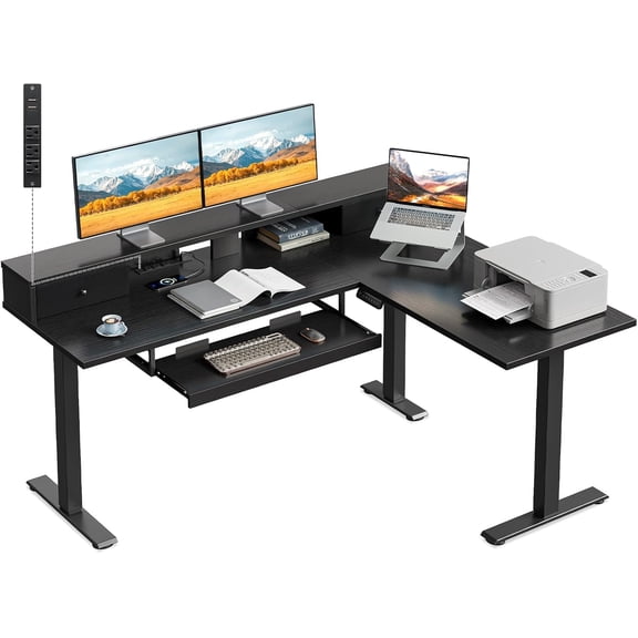 Black 59-Inch Electric L-Shaped Standing Desk with Drawers, Height Adjustable Corner Desk with Monitor Stand and Keyboard Tray