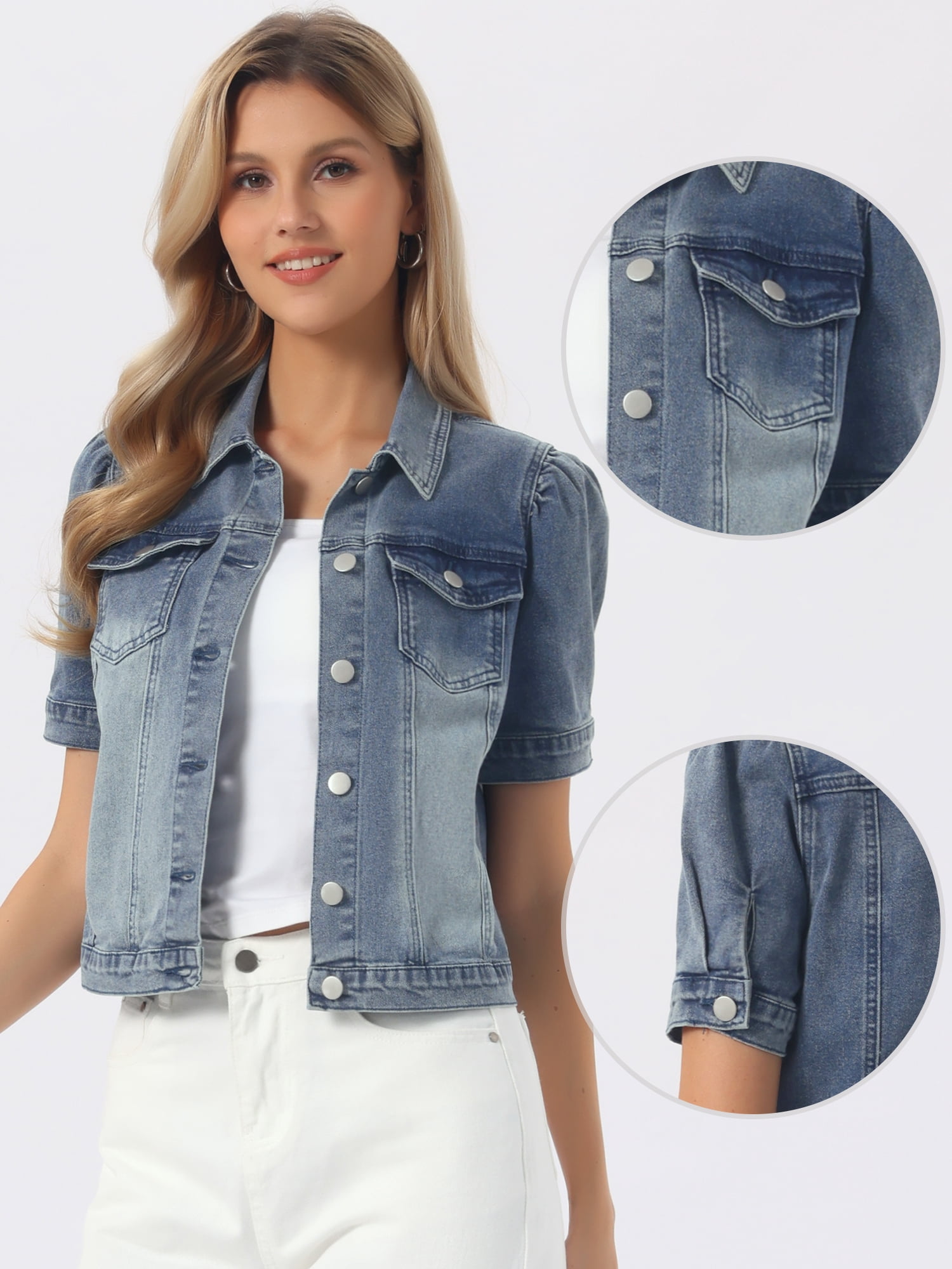 DARING DIVA Women's Jean Jacket Short Puff Sleeves Button-Down Denim Jacket S Gray Blue