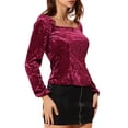 thumbnail image 4 of INSPIRE CHIC Women's Velvet Square Neck Long Sleeve Blouses M Burgundy, 4 of 6