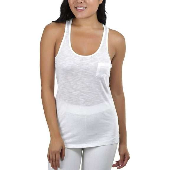 ToBeInStyle Women's Burnout Racerback Active Tank Top - White with Pockets - Large