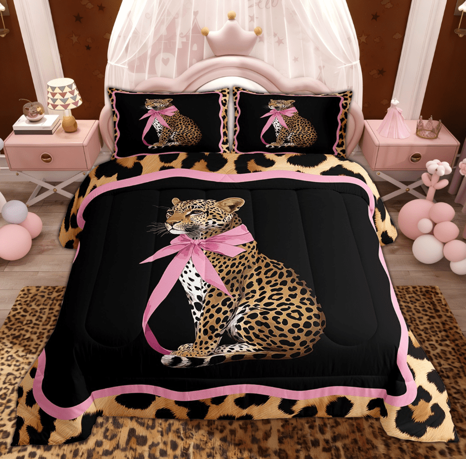 Manfei 3D Bowknot Leopard Wildlife Queen Comforter Set for Girl, Fashion Cheetah Print Bedding Sets, Pink Reversible, 3-Piece